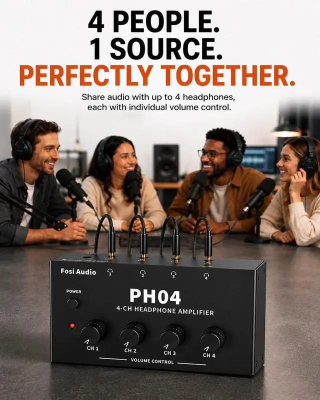 Alt view image 2 of 7 - PH04 4 Channel Headphone Amplifier with 12V 1A Power Adapter | Crystal-Clear Sound Quality, Low-Noise Audio Distribution, Compact, Space-Saving Design, Plug & Play Convenience