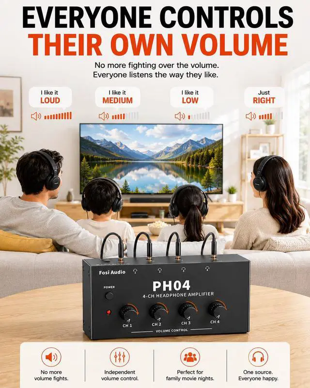 Alt view image 3 of 7 - PH04 4 Channel Headphone Amplifier with 12V 1A Power Adapter | Crystal-Clear Sound Quality, Low-Noise Audio Distribution, Compact, Space-Saving Design, Plug & Play Convenience