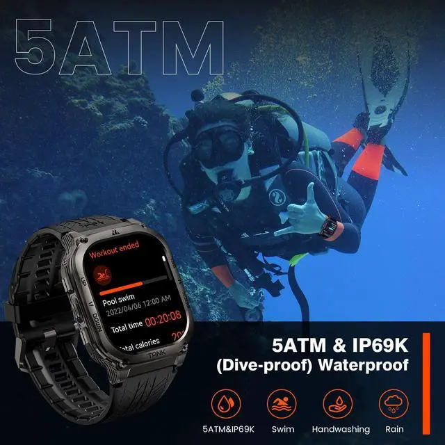 Alt view image 6 of 7 - Smart Watch - Rugged Outdoor Fitness Watch, 170+ Sports Modes, 5 ATM & IP69K, 15 Days Battery, Answer/Make Call, 2" AMOLED Display, Health Monitor, Compatible for iOS & Android