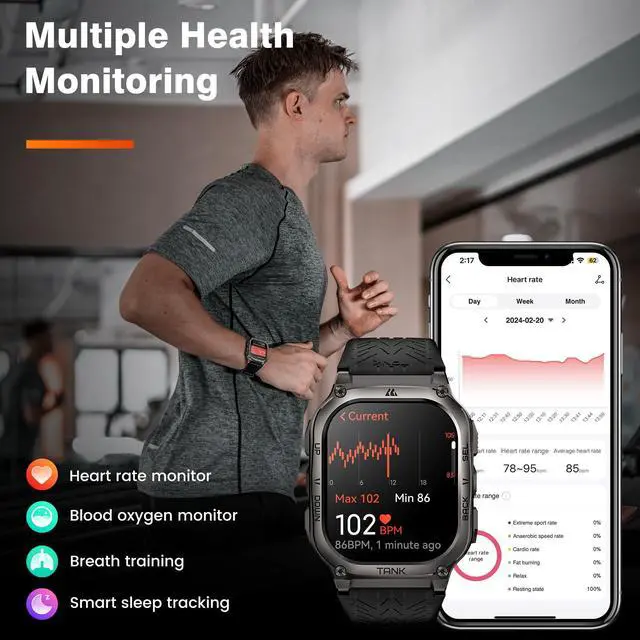 Alt view image 7 of 7 - Smart Watch - Rugged Outdoor Fitness Watch, 170+ Sports Modes, 5 ATM & IP69K, 15 Days Battery, Answer/Make Call, 2" AMOLED Display, Health Monitor, Compatible for iOS & Android