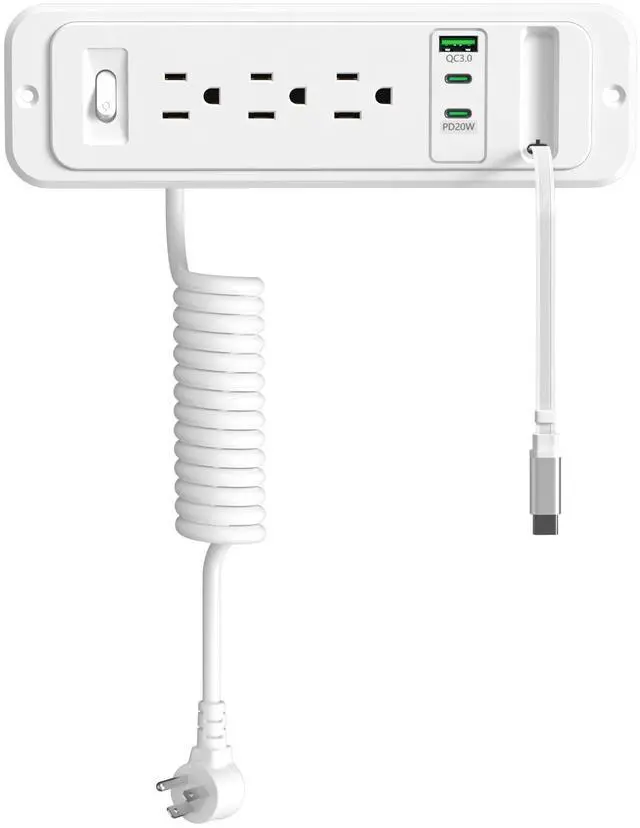 Main image of Recessed Power Strip with 60cm Retractable USB C Cable, Flush Mount | Furniture Drawer Outlet kit insert in (4) 20W USB & (3) 15 Amp AC Outlets, Hidden Charging Station for Desktop