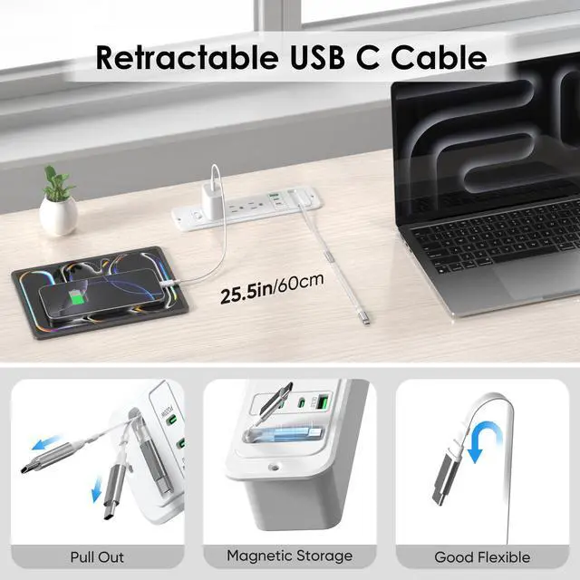 Alt view image 2 of 7 - Recessed Power Strip with 60cm Retractable USB C Cable, Flush Mount | Furniture Drawer Outlet kit insert in (4) 20W USB & (3) 15 Amp AC Outlets, Hidden Charging Station for Desktop