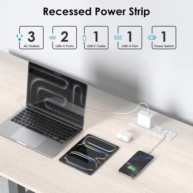 Alt view image 3 of 7 - Recessed Power Strip with 60cm Retractable USB C Cable, Flush Mount | Furniture Drawer Outlet kit insert in (4) 20W USB & (3) 15 Amp AC Outlets, Hidden Charging Station for Desktop