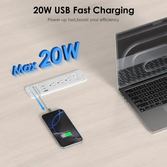Alt view image 4 of 7 - Recessed Power Strip with 60cm Retractable USB C Cable, Flush Mount | Furniture Drawer Outlet kit insert in (4) 20W USB & (3) 15 Amp AC Outlets, Hidden Charging Station for Desktop