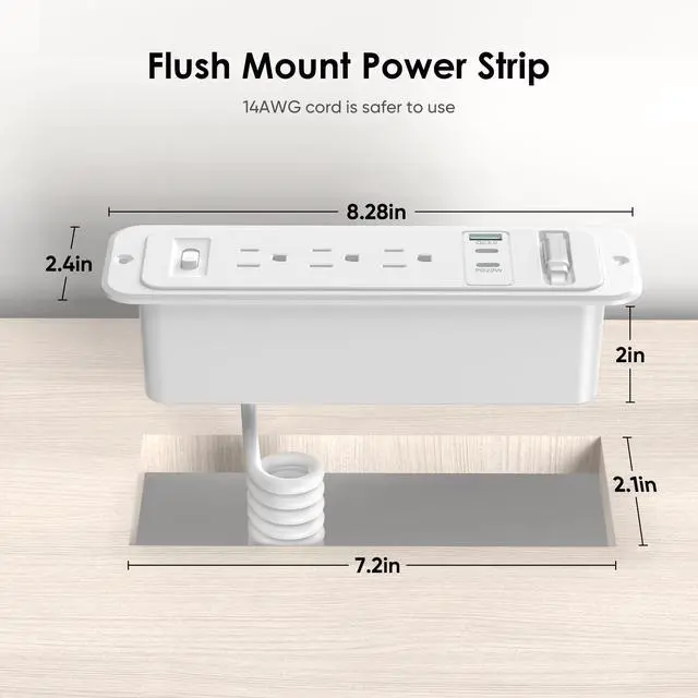Alt view image 6 of 7 - Recessed Power Strip with 60cm Retractable USB C Cable, Flush Mount | Furniture Drawer Outlet kit insert in (4) 20W USB & (3) 15 Amp AC Outlets, Hidden Charging Station for Desktop