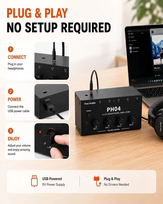 Alt view image 5 of 7 - PH04 4 Channel Headphone Amplifier with 12V 1A Power Adapter | Crystal-Clear Sound Quality, Low-Noise Audio Distribution, Compact, Space-Saving Design, Plug & Play Convenience