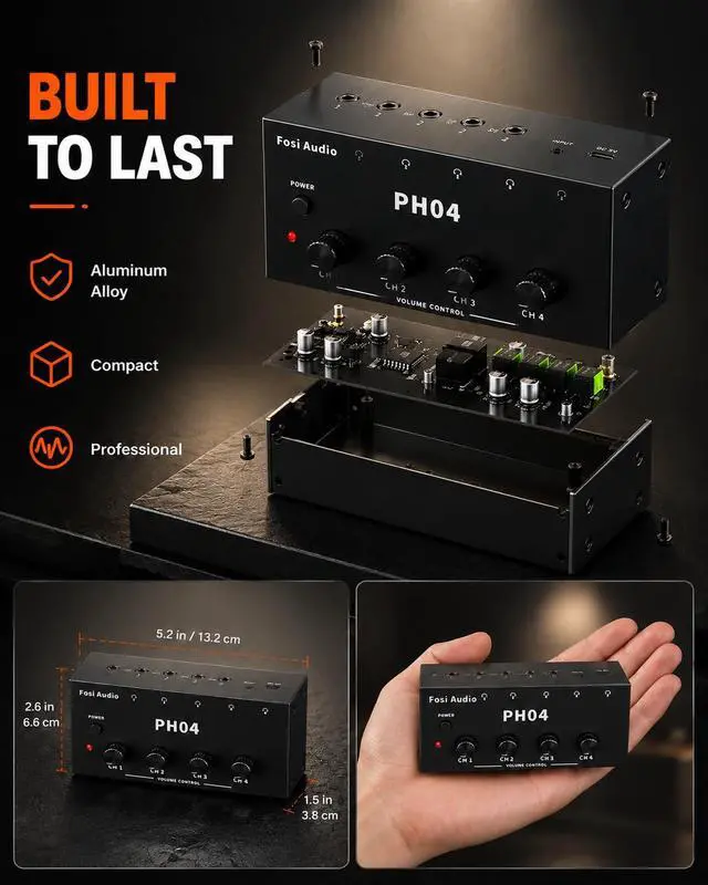 Alt view image 6 of 7 - PH04 4 Channel Headphone Amplifier with 12V 1A Power Adapter | Crystal-Clear Sound Quality, Low-Noise Audio Distribution, Compact, Space-Saving Design, Plug & Play Convenience