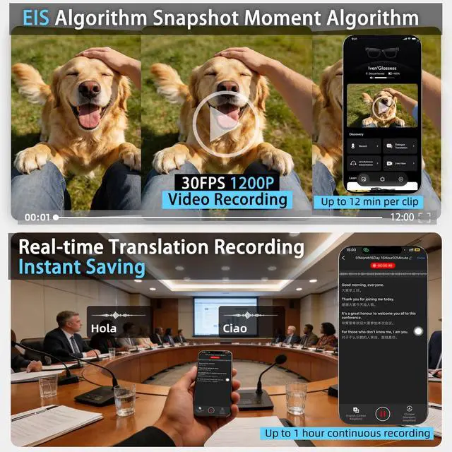 Alt view image 3 of 7 - AI Smart Glasses with Camera, 8MP HD Video Recording Eyewear, 1200P 30FPS EIS, Voice Assistant, Real-Time Translation, Open-Ear Bluetooth Audio, Photochromic Lens for Men Women