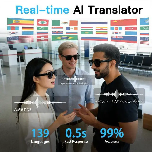 Alt view image 4 of 7 - AI Smart Glasses with Camera, 8MP HD Video Recording Eyewear, 1200P 30FPS EIS, Voice Assistant, Real-Time Translation, Open-Ear Bluetooth Audio, Photochromic Lens for Men Women