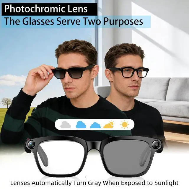 Alt view image 7 of 7 - AI Smart Glasses with Camera, 8MP HD Video Recording Eyewear, 1200P 30FPS EIS, Voice Assistant, Real-Time Translation, Open-Ear Bluetooth Audio, Photochromic Lens for Men Women