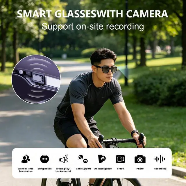 Alt view image 4 of 7 - AI Smart Glasses with 8MP Camera 1080P Video Recording Sunglasses AI Assistant Real Time Translation smart Glasses for Travel Work Vlog (Video Version)