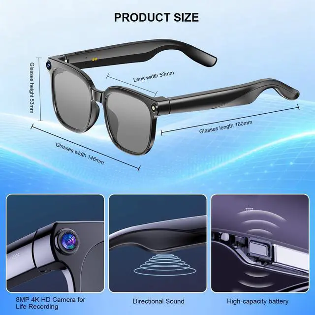 Alt view image 7 of 7 - AI Smart Glasses with 8MP Camera 1080P Video Recording Sunglasses AI Assistant Real Time Translation smart Glasses for Travel Work Vlog (Video Version)