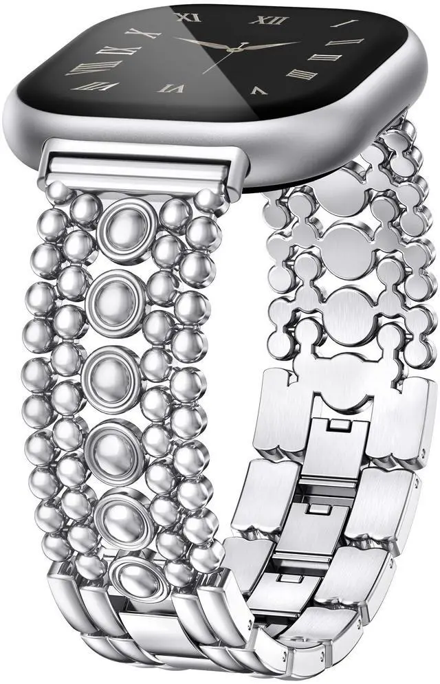 Main image of Metal Bands Compatible with Fitbit Sense 2/Versa 4/Versa 3/Sense Bands Women, Pretty Dressy Stainless Steel Metal Dual Tone Adjustable Round Studded Link Bracelet Replacement Strap for Versa 4
