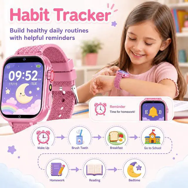 Alt view image 4 of 7 - Kids Smart Watch for Girls Age 5-12, 39 Games Touch Screen Watch with Camera, Video Recorder, Music Player, Pedometer, Habit Tracker, No App Needed, Birthday Gift for Girls Ages 6-10