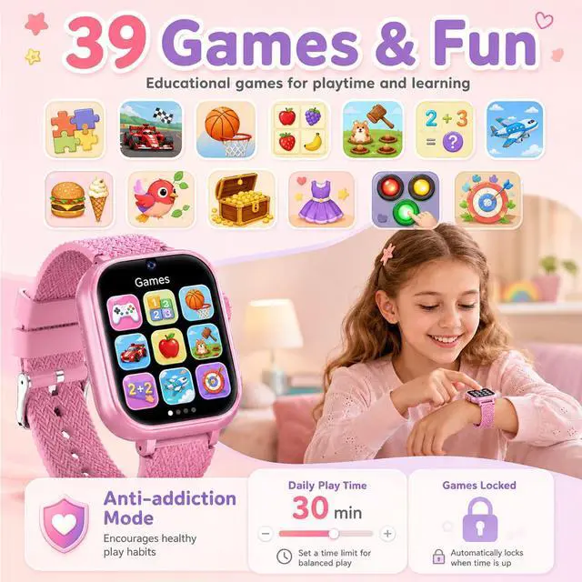 Alt view image 2 of 7 - Kids Smart Watch for Girls Age 5-12, 39 Games Touch Screen Watch with Camera, Video Recorder, Music Player, Pedometer, Habit Tracker, No App Needed, Birthday Gift for Girls Ages 6-10