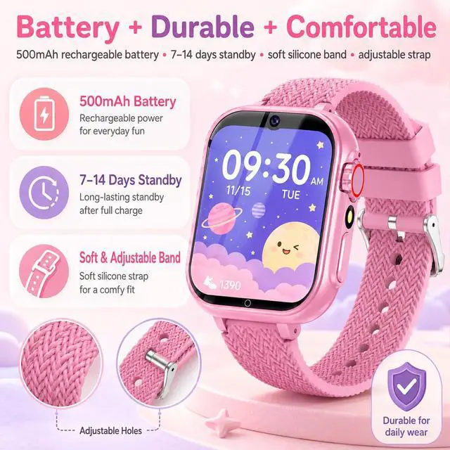 Alt view image 6 of 7 - Kids Smart Watch for Girls Age 5-12, 39 Games Touch Screen Watch with Camera, Video Recorder, Music Player, Pedometer, Habit Tracker, No App Needed, Birthday Gift for Girls Ages 6-10