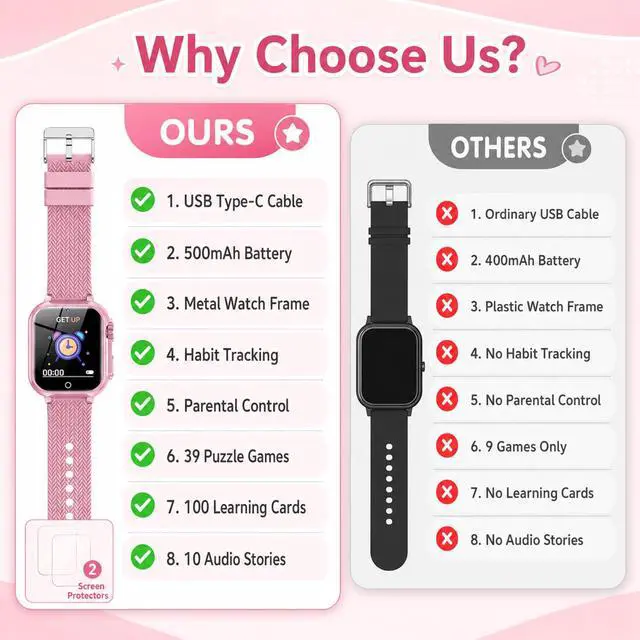 Alt view image 7 of 7 - Kids Smart Watch for Girls Age 5-12, 39 Games Touch Screen Watch with Camera, Video Recorder, Music Player, Pedometer, Habit Tracker, No App Needed, Birthday Gift for Girls Ages 6-10