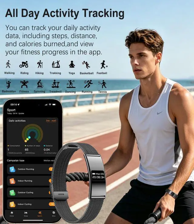 Alt view image 3 of 7 - Unisex Smart Bracelet, Fitness Tracker Smart Watch with Heart Rate, Blood Oxygen, Sleep Monitoring, Waterproof, Multiple Sports Modes, Compatible with Android/iOS (Black mesh Tape)