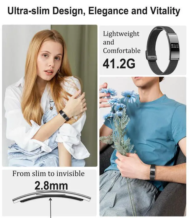 Alt view image 2 of 7 - Unisex Smart Bracelet, Fitness Tracker Smart Watch with Heart Rate, Blood Oxygen, Sleep Monitoring, Waterproof, Multiple Sports Modes, Compatible with Android/iOS (Black mesh Tape)
