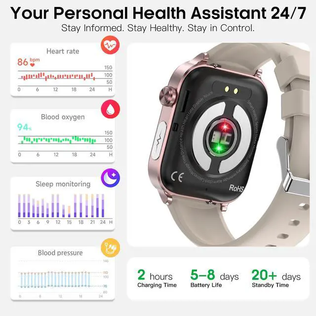 Alt view image 2 of 7 - Smart Watch for Women Men(Answer/Dial) 1.96" IPS Smartwatch, 24/7 Heart Rate/Blood Oxygen/Blood Pressure/Sleep Monitor, Blood and Body Composition,100+ Sports Modes Fitness Tracker (champagne gold)