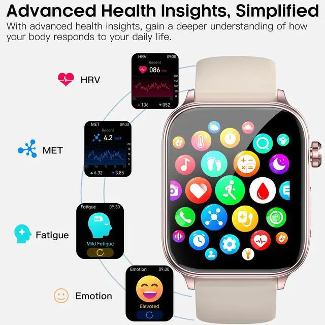 Alt view image 3 of 7 - Smart Watch for Women Men(Answer/Dial) 1.96" IPS Smartwatch, 24/7 Heart Rate/Blood Oxygen/Blood Pressure/Sleep Monitor, Blood and Body Composition,100+ Sports Modes Fitness Tracker (champagne gold)