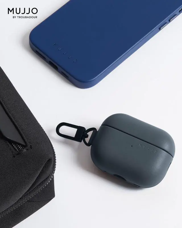 Alt view image 7 of 7 - Echelon Leather Case for AirPods Pro (2nd Gen) - Wireless Charging Compatible - Durable & Luxurious Design - Secure Fit - Premium Leather - Basalt Blue