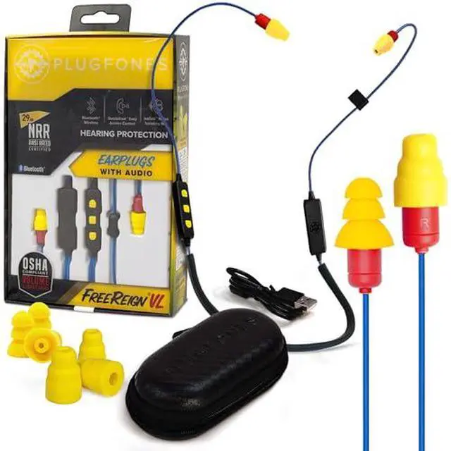Alt view image 2 of 7 - FreeReign Volume Limited Wireless Bluetooth in-Ear Earplug Earbuds - Noise Reduction Headphones with Noise Isolating Mic and Controls, Blue & Yellow