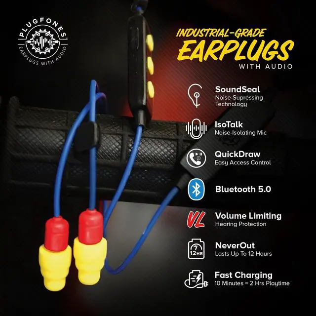Alt view image 4 of 7 - FreeReign Volume Limited Wireless Bluetooth in-Ear Earplug Earbuds - Noise Reduction Headphones with Noise Isolating Mic and Controls, Blue & Yellow