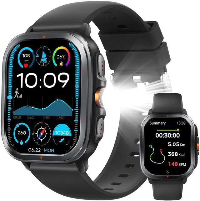 Main image of Smart Watch for Men Women, 2.01" AMOLED Fitness Tracker with Flashlight, Built-in GPS & Compass, Heart Rate/SpO2/Blood Pressure/Sleep/Stress Monitoring, 128 Sports Modes, IP68 Waterproof (Black)