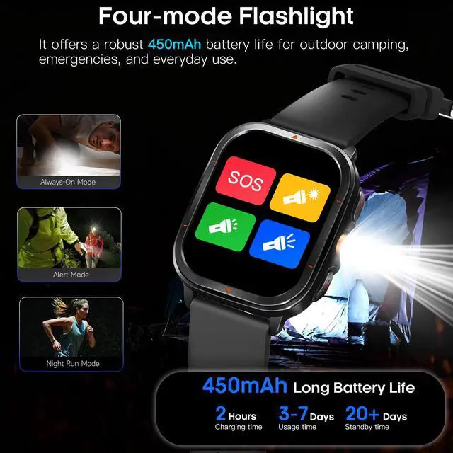 Alt view image 7 of 7 - Smart Watch for Men Women, 2.01" AMOLED Fitness Tracker with Flashlight, Built-in GPS & Compass, Heart Rate/SpO2/Blood Pressure/Sleep/Stress Monitoring, 128 Sports Modes, IP68 Waterproof (Black)