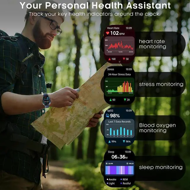 Alt view image 3 of 7 - Smart Watch for Men Women, 2.01" AMOLED Fitness Tracker with Flashlight, Built-in GPS & Compass, Heart Rate/SpO2/Blood Pressure/Sleep/Stress Monitoring, 128 Sports Modes, IP68 Waterproof (Black)
