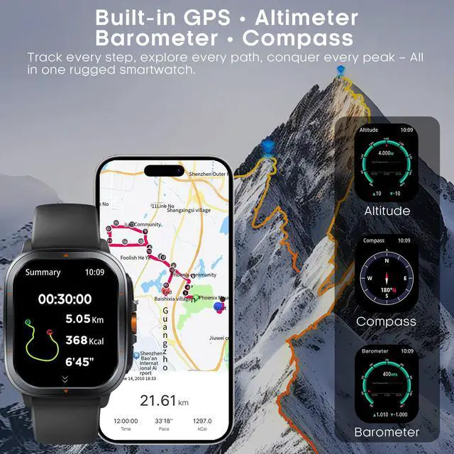 Alt view image 2 of 7 - Smart Watch for Men Women, 2.01" AMOLED Fitness Tracker with Flashlight, Built-in GPS & Compass, Heart Rate/SpO2/Blood Pressure/Sleep/Stress Monitoring, 128 Sports Modes, IP68 Waterproof (Black)