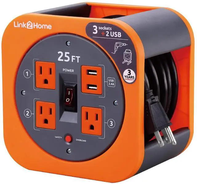 Main image of 25 Ft. Extension Cord Reel, 4 Outlets, 2 USB Ports | 16 AWG SJT cable, 2.4A fast-charge USB, compact storage reel design