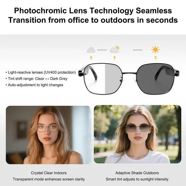 Alt view image 2 of 7 - Smart Glasses for Women Men, Intelligent Touch, Anti-Blue Light Bluetooth Glasses with Speakers, Polarized Sunglasses with Photochromic Lenses, Multifunctional Audio Glasses for Indoor & Outdoor