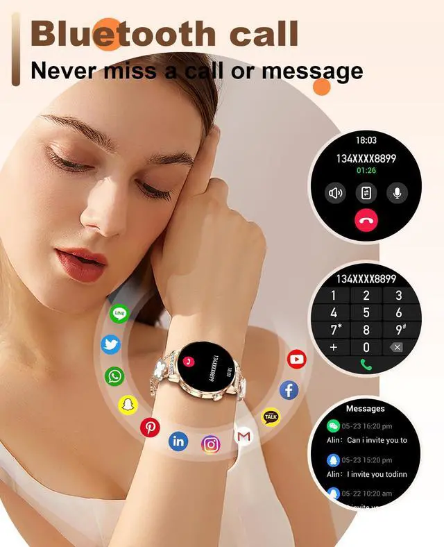 Alt view image 3 of 7 - Smart Watch for Women 1.27" HD Touch Screen Fitness Watch,Bluetooth Call&Message Notifications Heart Rate/Sleep Monitor Smartwatch, IP68 Waterproof 100+ Sport Modes (Rose Gold RT-220)