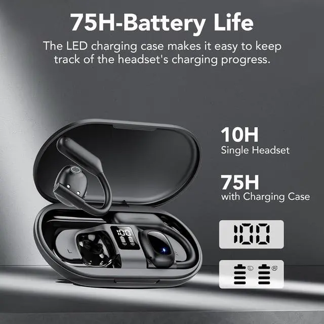 Alt view image 6 of 6 - Open Ear Bluetooth 5.3 Earbuds,Wireless Headphones Sport Over Earphones Built-in 4 Mic with Ear Hooks 75H Playtime,Bluetooth Ear Buds with LED Digital Display,IPX5 Waterproof for Running Fitness/Black