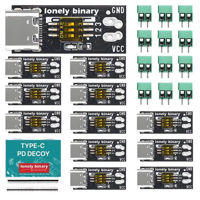 Main image of 12-Pack USB-C PD Trigger 100W Decoy DIP 5-20V Screw Terminal | PD 3.0/QC, fixed 5V/9V/12V/15V/20V via DIP switch; screw terminals; breadboard pins; for Arduino, ESP32; laptop, router, LED