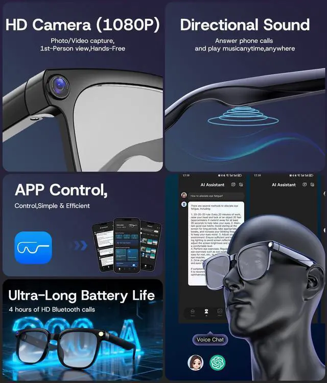 Alt view image 7 of 7 - AI Smart Glasses, Bluetooth Glasses for Men, Women,8MP Camera, Real-time ChatGPT, AI Photo Recognition and Translation,Photochromic Transition Lenses, WiFi Transfer, for Life, Work and Travel