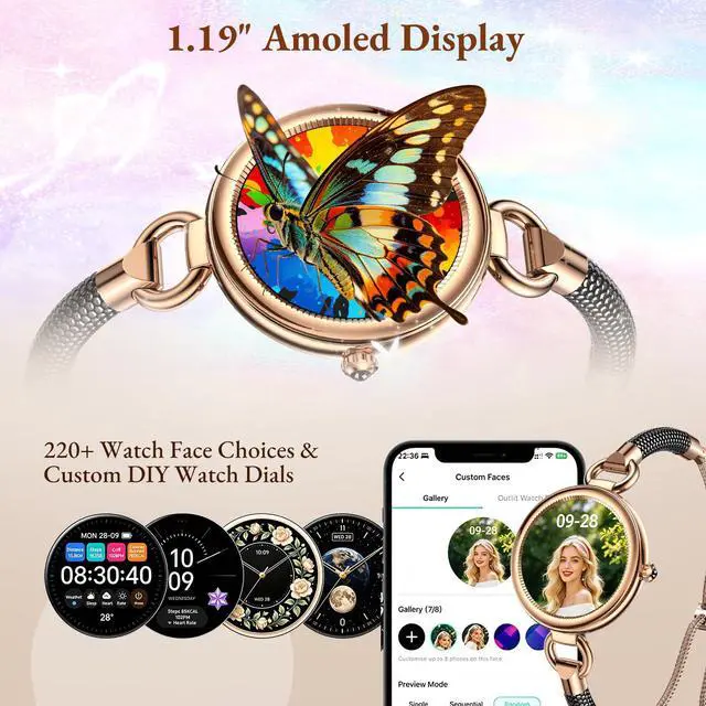 Alt view image 5 of 7 - Smart Watch for Women - Answer/Make Call, 1.19" AMOLED, 24H Sleep & Fitness Tracker with HR/BP/SpO2/Stress, 100+ Sport Modes, Waterproof for iOS/Android (Black)
