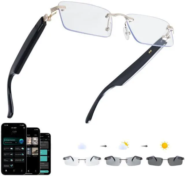 Main image of AI Translation Glasses with 164 Languages, Rimless Bluetooth Audio, Gold | Real-Time Translation, Photochromic Lenses, Open-Ear Speakers, Lightweight Design, Smart Glasses for Travel, Work & Study