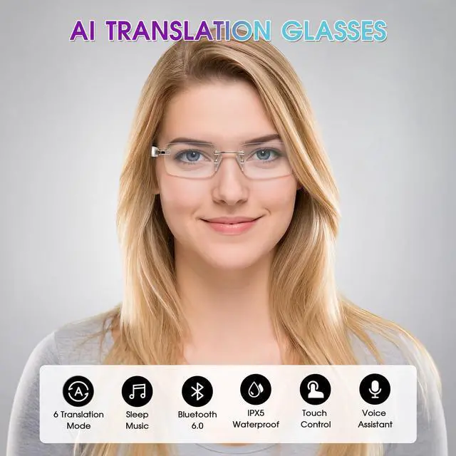 Alt view image 2 of 7 - AI Translation Glasses with 164 Languages, Rimless Bluetooth Audio, Gold | Real-Time Translation, Photochromic Lenses, Open-Ear Speakers, Lightweight Design, Smart Glasses for Travel, Work & Study