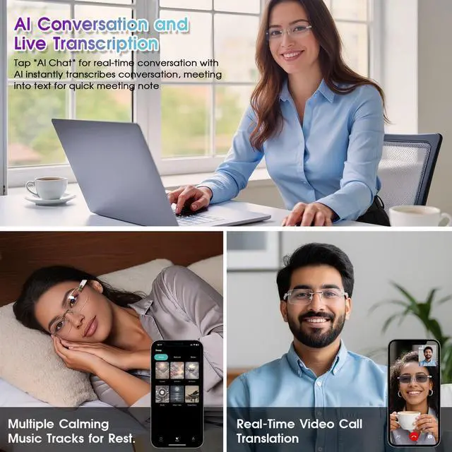 Alt view image 5 of 7 - AI Translation Glasses with 164 Languages, Rimless Bluetooth Audio, Gold | Real-Time Translation, Photochromic Lenses, Open-Ear Speakers, Lightweight Design, Smart Glasses for Travel, Work & Study