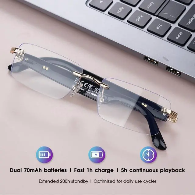 Alt view image 7 of 7 - AI Translation Glasses with 164 Languages, Rimless Bluetooth Audio, Gold | Real-Time Translation, Photochromic Lenses, Open-Ear Speakers, Lightweight Design, Smart Glasses for Travel, Work & Study