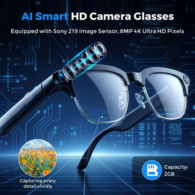 Alt view image 6 of 7 - AI Smart Glasses with Camera and Bluetooth, 4K Recording Glasses Video and Audio, 8MP Smart Sunglasses with 3 Lenses, Real-Time Translation, AI Assistant, Open-Ear Music, Object Recognition