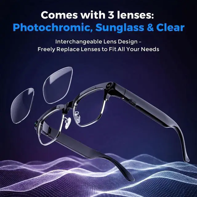 Alt view image 7 of 7 - AI Smart Glasses with Camera and Bluetooth, 4K Recording Glasses Video and Audio, 8MP Smart Sunglasses with 3 Lenses, Real-Time Translation, AI Assistant, Open-Ear Music, Object Recognition