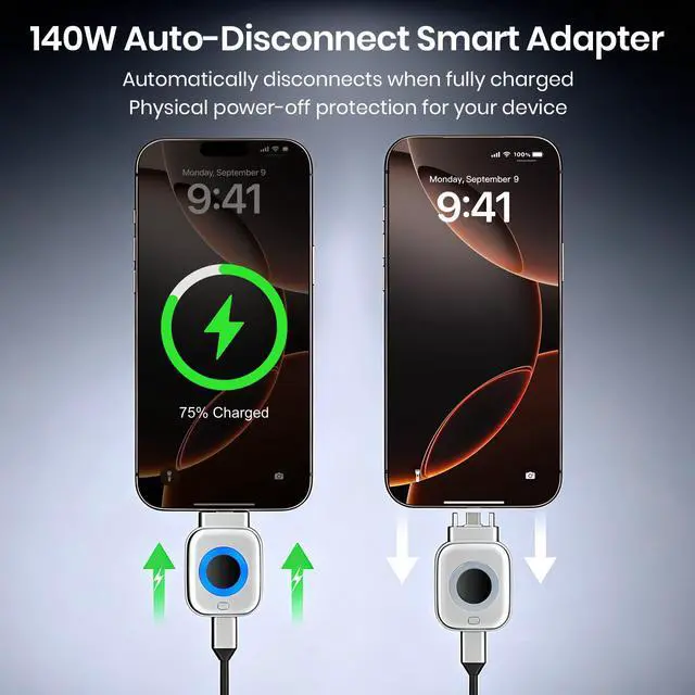 Alt view image 2 of 7 - 140W Smart Auto Stop Charging Adapter with AI Full-Charge Disconnect | Type C Auto Cut-Off Charger Protector Smart Charger, Prevent Battery Aging and Extend Equipment Lifespan for Phone Laptop