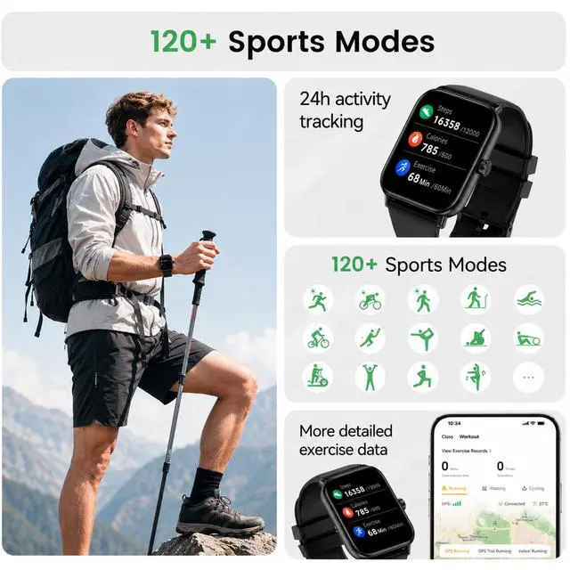 Alt view image 2 of 7 - Smart Watches for Men, 1.83" HD Touchscreen with Bluetooth Calling, 120+ Sport Modes Fitness Tracker, IP68 Waterproof, Heart Rate Sleep Monitor Timer, Compatible with Android iOS(Black)