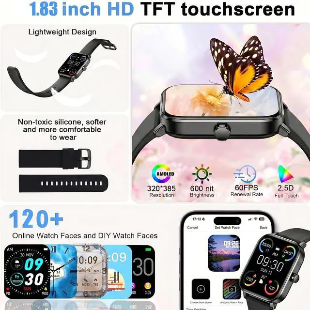 Alt view image 5 of 7 - Smart Watches for Men, 1.83" HD Touchscreen with Bluetooth Calling, 120+ Sport Modes Fitness Tracker, IP68 Waterproof, Heart Rate Sleep Monitor Timer, Compatible with Android iOS(Black)