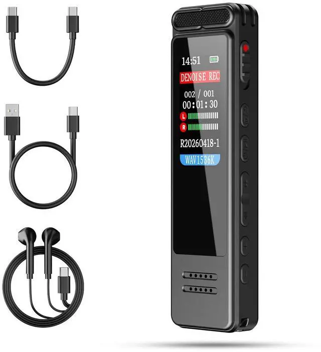 Main image of Digital Voice Recorder, Portable Audio Recorder with Built-in Speaker, Voice Activated, WAV, A-B Repeat & Password Protection Ideal for Meetings, Lectures & Interviews