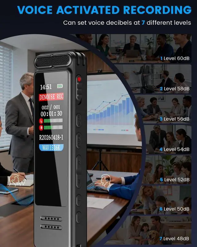 Alt view image 5 of 7 - Digital Voice Recorder, Portable Audio Recorder with Built-in Speaker, Voice Activated, WAV, A-B Repeat & Password Protection Ideal for Meetings, Lectures & Interviews